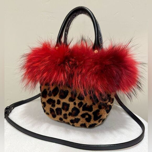 Leopard Handmade Real Fox Fur & Shearling leather Top Handles Bag/Multi Use Bag - Picture 11 of 16